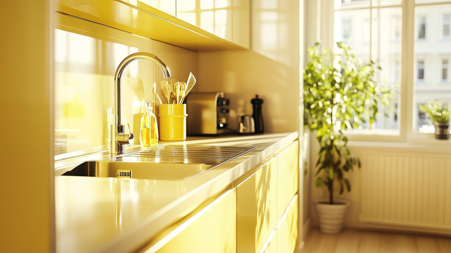 A kitchen with monochromatic yellow cabinets and marble countertops, creating a refined, elegant space with bright natural light