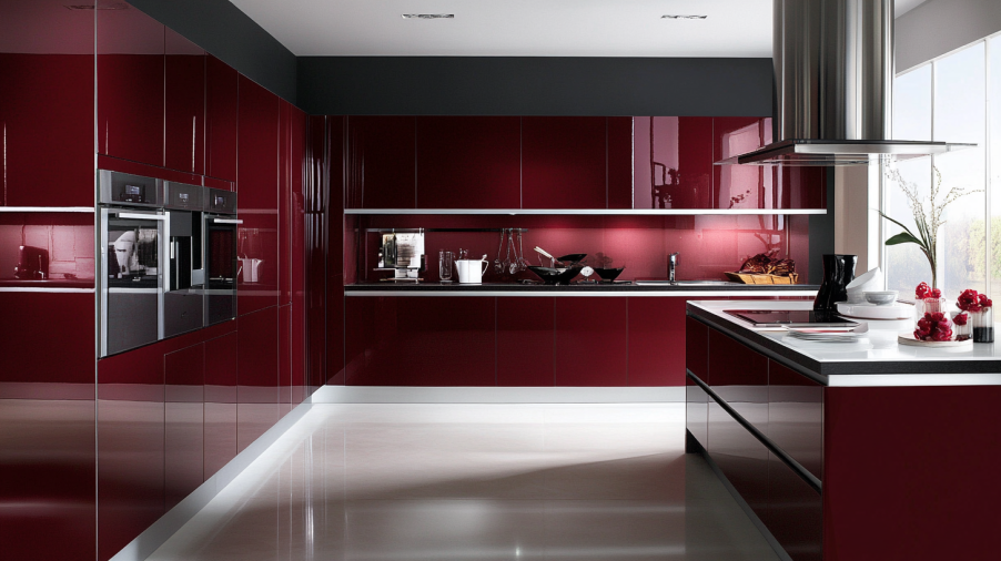 Modern kitchen with plum red kitchen cabinets, black countertops, and sleek, high-gloss surfaces creating a sophisticated and refined look.