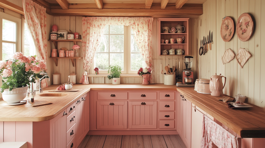 A country-style kitchen with soft pink cabinets, rustic wood accents, and floral details.