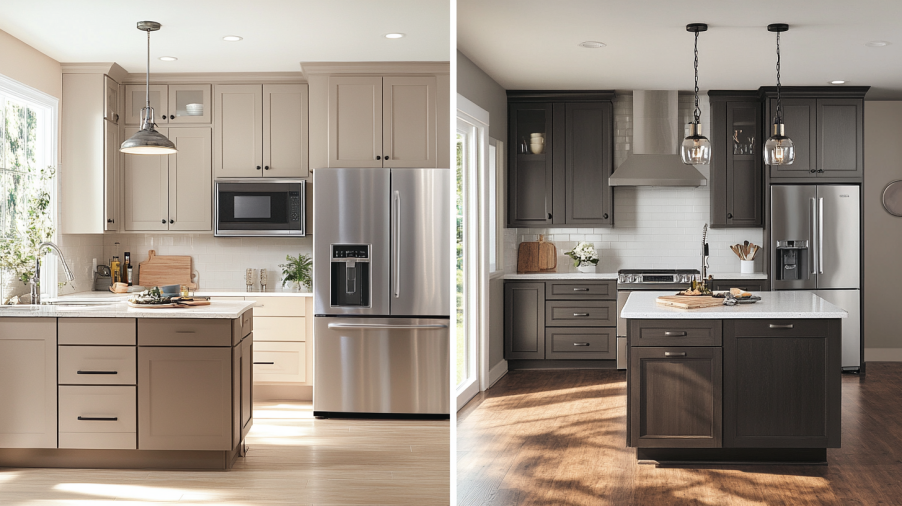 A kitchen featuring a comparison of light Taupe cabinets on one side and dark Taupe cabinets on the other, demonstrating the contrast.