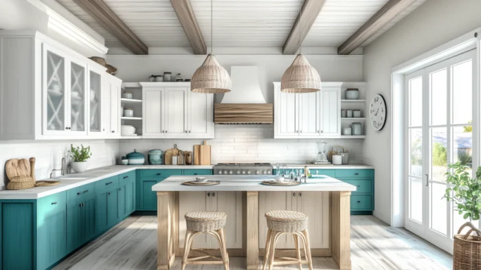 Teal and white kitchen cabinets with a natural wood island, creating a stylish, rustic coastal design with light, airy elements.