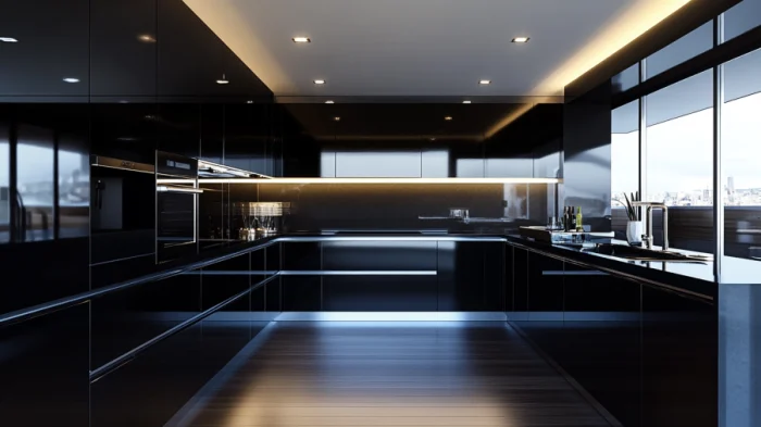 25 Best Black Kitchen Cabinet Ideas 8 A sleek kitchen with high-gloss black cabinets and stainless steel appliances, offering a polished, modern aesthetic.
