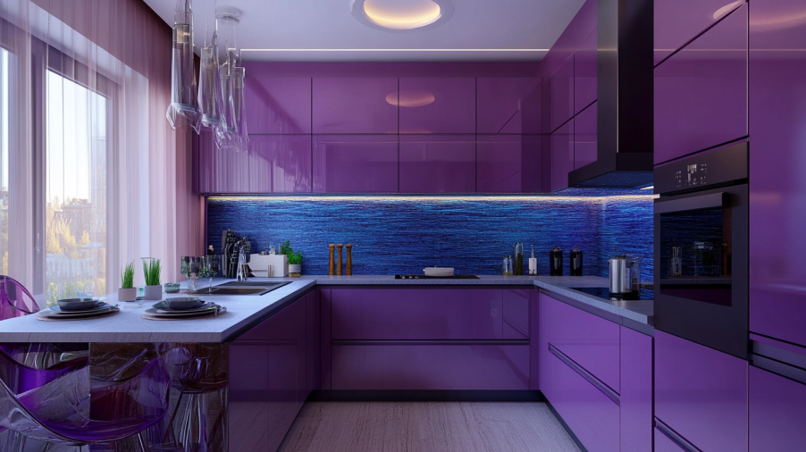 Kitchen with purple cabinets and blue-toned backsplash, creating an energetic and vibrant space.