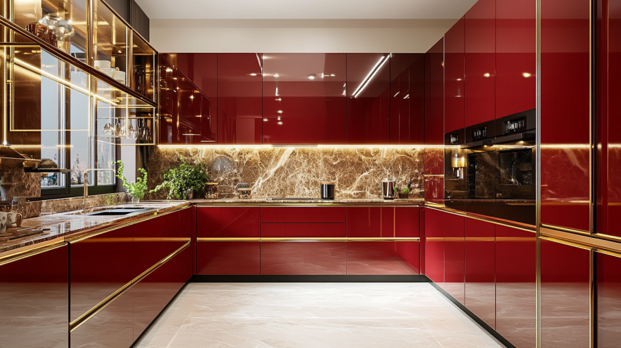Luxurious kitchen with red kitchen cabinets and gold metallic accents, marble countertops, and modern appliances.