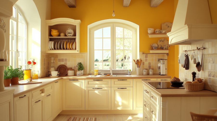 A Mediterranean-inspired kitchen with cream-colored cabinets and warm sand yellow walls, creating a vibrant and welcoming atmosphere.