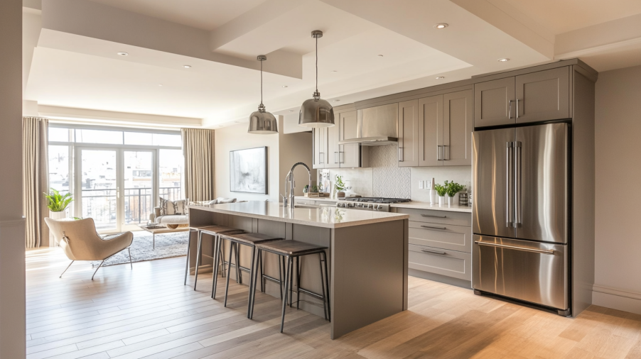 An open-concept kitchen with Taupe cabinets seamlessly blending with the living area, creating a cohesive design.