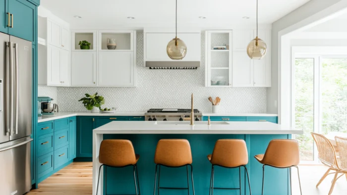A bright kitchen with teal lower cabinets, white upper cabinets, and light fixtures, giving off a modern and relaxed feel.