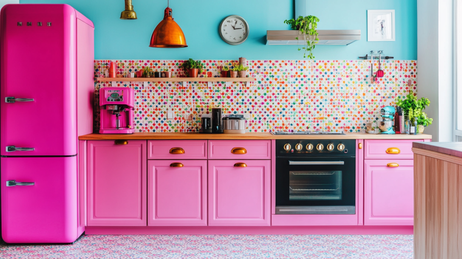 A retro-inspired kitchen with bold bright pink cabinets, colorful patterns, and vintage appliances.