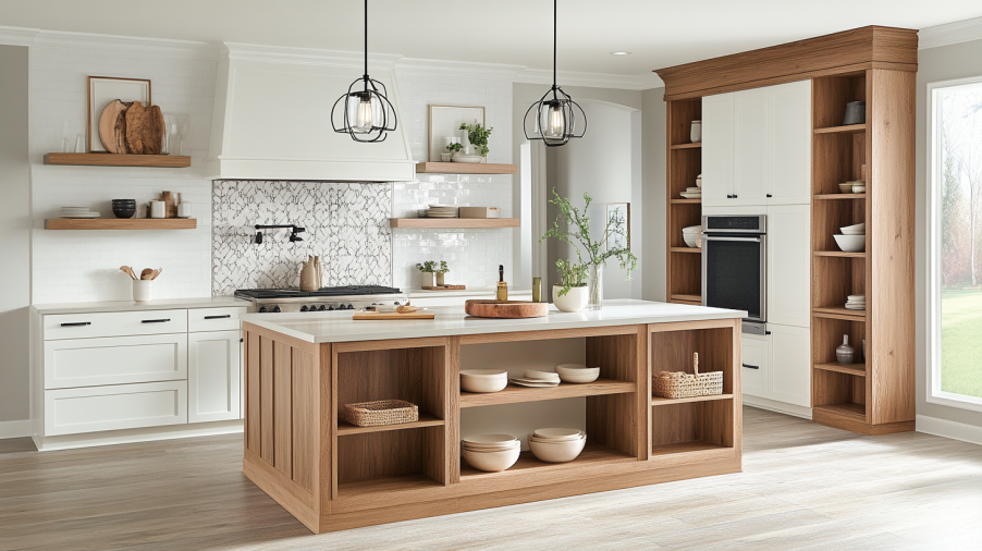 A kitchen featuring white shaker kitchen cabinets with natural wood elements like an island and open shelving.