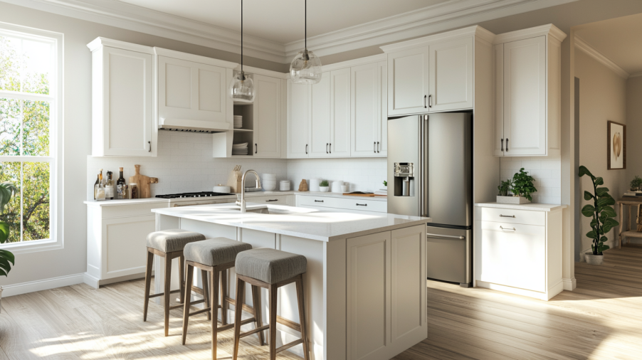 A modern kitchen with glossy white shaker kitchen cabinets, reflecting light and creating a spacious, minimalist design