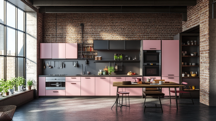 An industrial kitchen with pink and black cabinets, exposed brick walls, and metal accents.