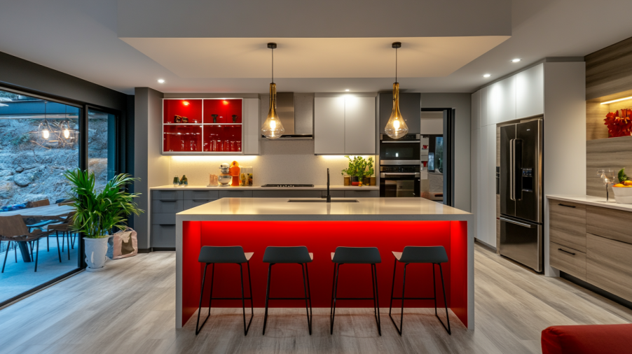 Modern kitchen with a red kitchen island, providing a functional focal point and additional workspace in an open space design.