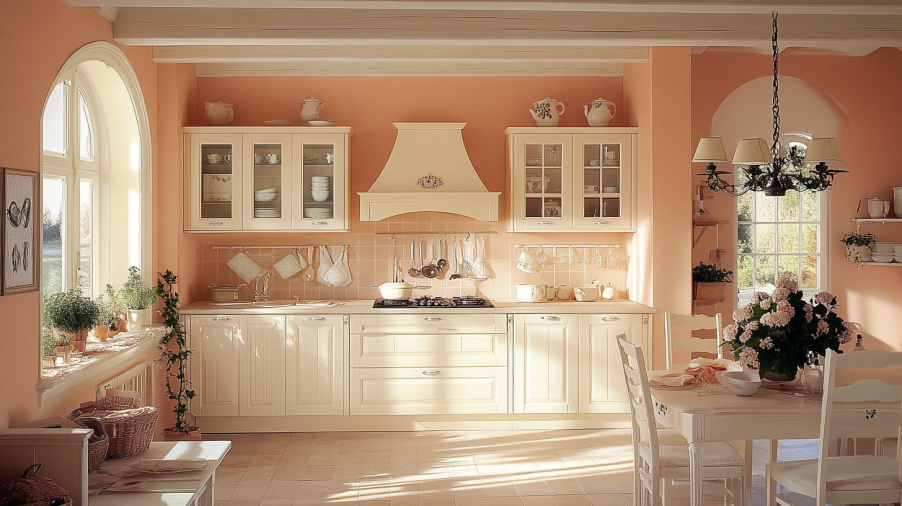 A feminine and romantic kitchen with cream-colored cabinets and soft peach walls, creating a delicate and inviting atmosphere.