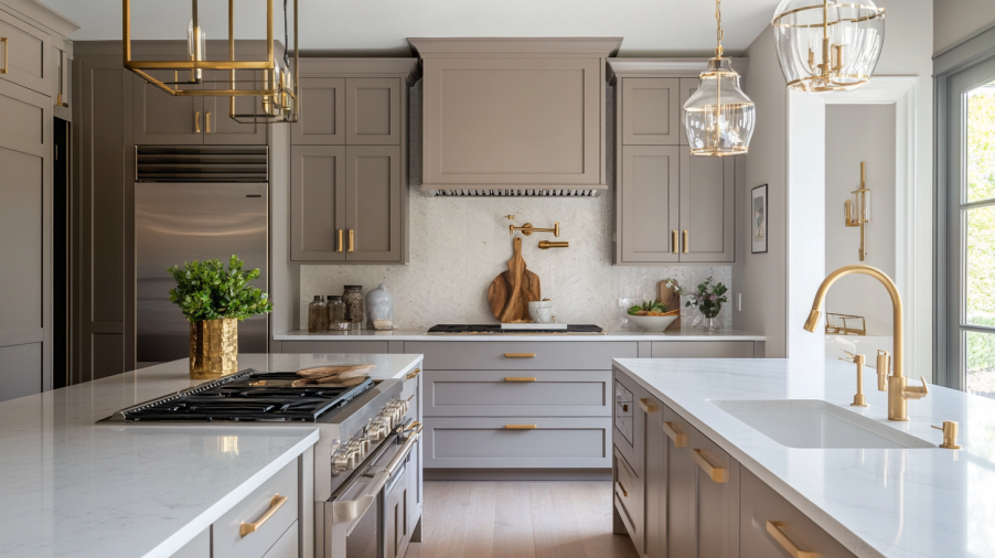 A luxurious kitchen featuring Taupe cabinets paired with elegant gold or brass handles and fixtures.