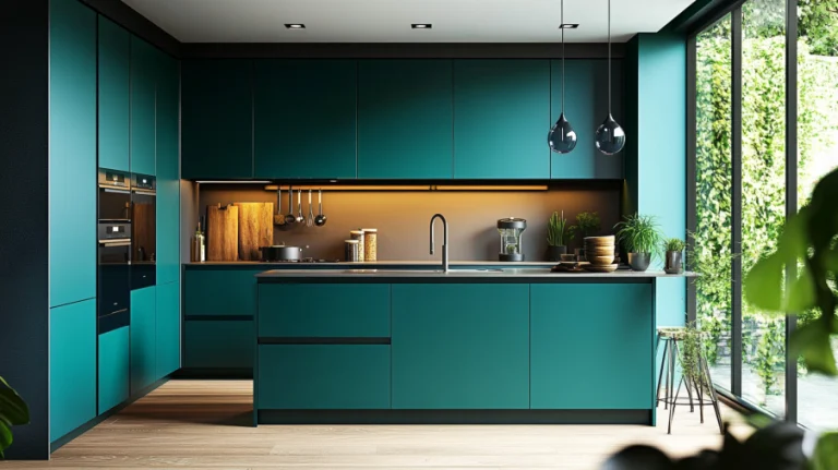 Sleek modern kitchen with high-gloss teal kitchen cabinets, black countertops, and large windows for an open, airy feel.