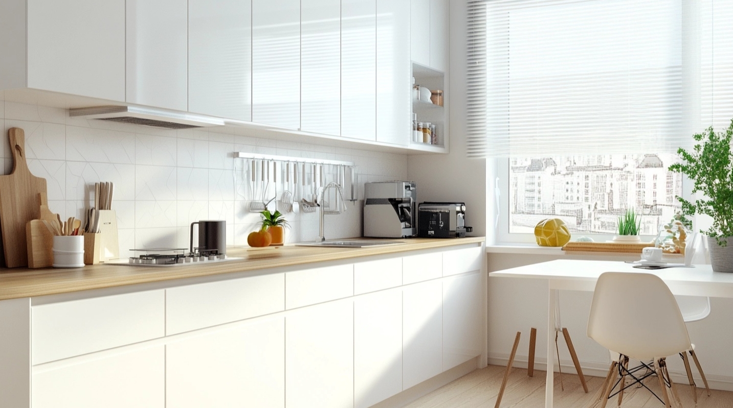 Modern seamless white kitchen with milky white cabinets and desk area.