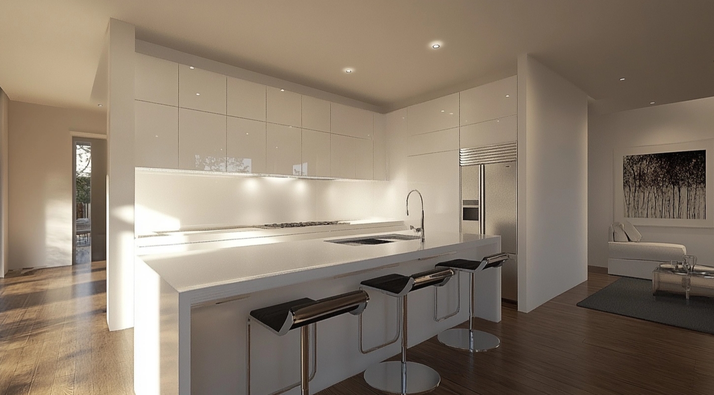 Minimalist kitchen with Borcci kitchen cabinets in white and a large island