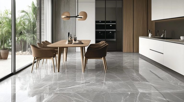 Sleek kitchen with Borcci kitchen cabinets in white, wood panels, and marble floor