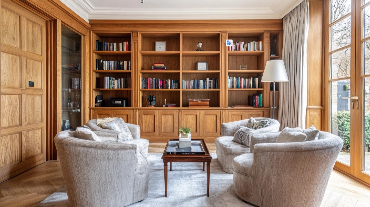 Living room with Schrock cabinets in oak built-in bookcase and storage units