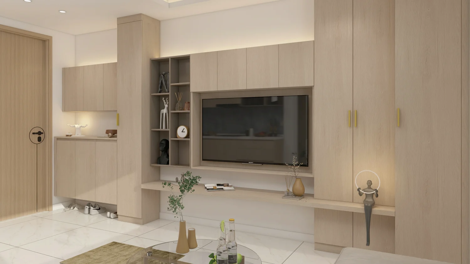 Modern entryway shoe cabinet integrated into living room wall unit with under-cabinet shoe storage solutions.