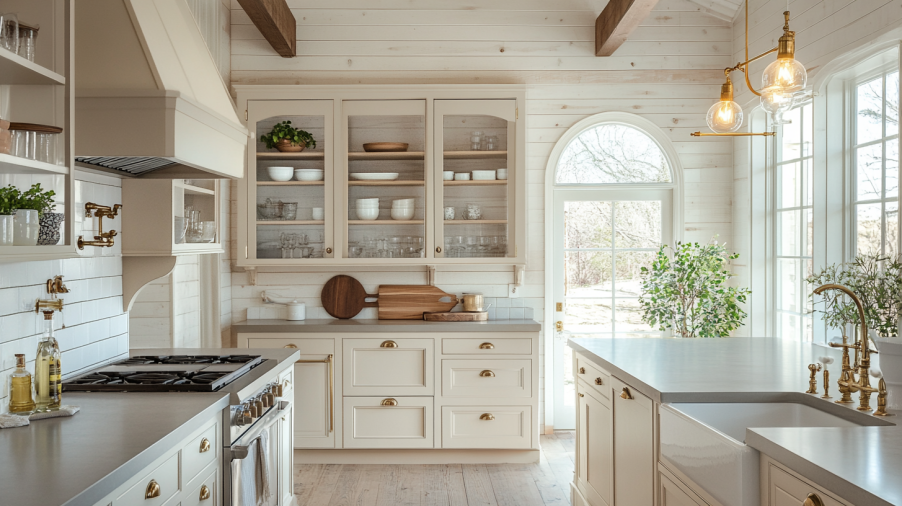 Farmhouse kitchen with arched cabinet doors, soft cream cabinets, brass hardware, and large windows for natural light.