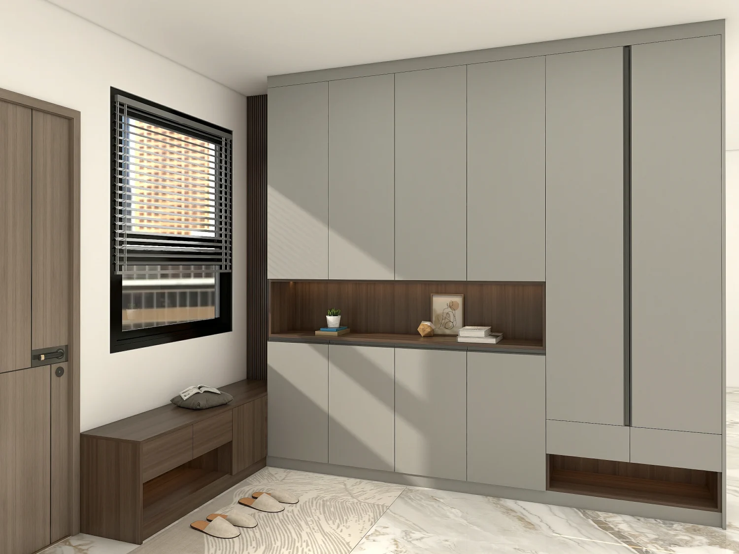 Contemporary bench entryway shoe cabinet with hidden storage beneath seat in a modern bright foyer.