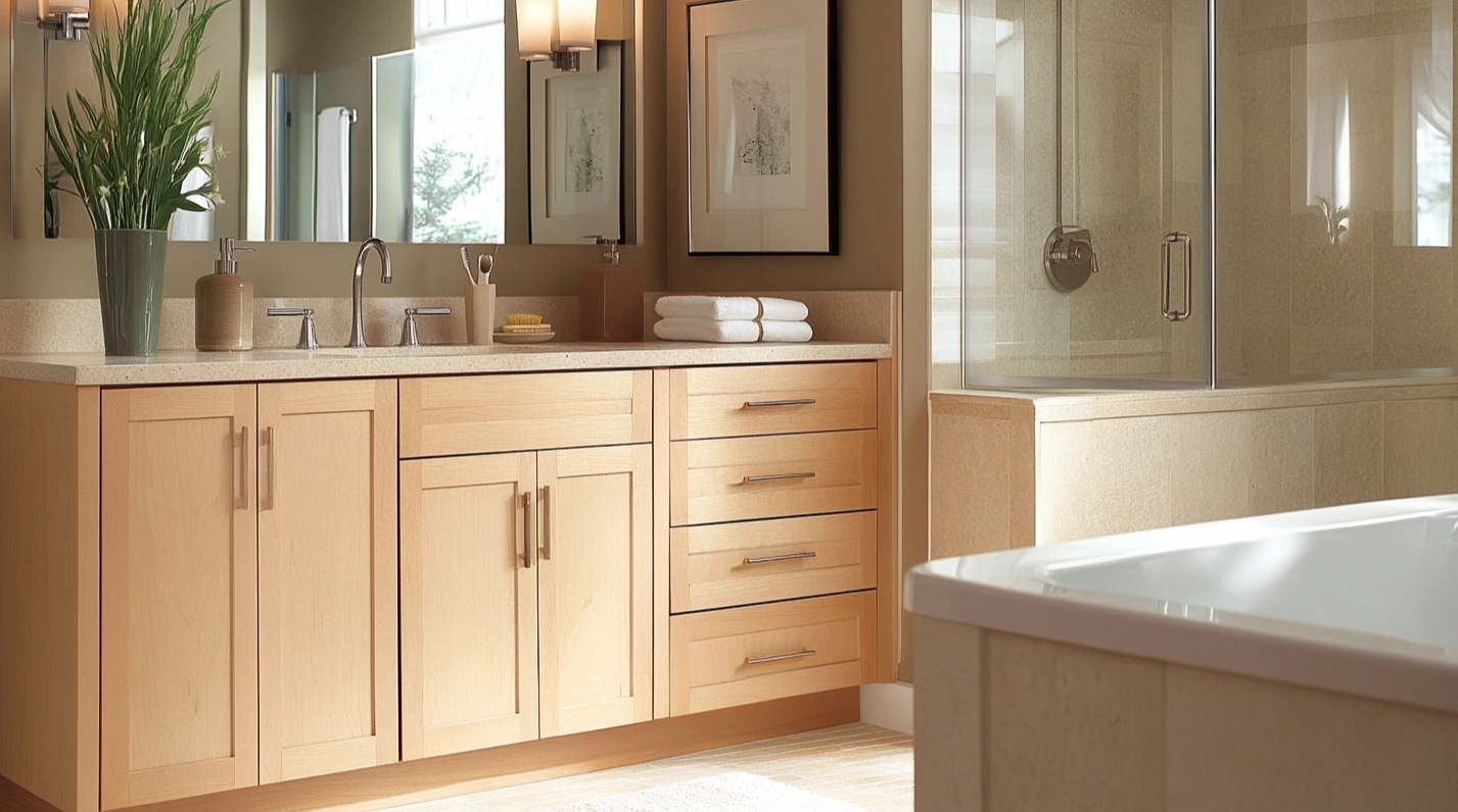 Birch wood bathroom cabinet with a clean countertop and modern fixtures.