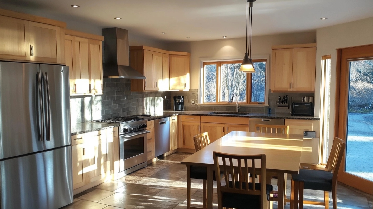 Bright kitchen with KraftMaid birch cabinets, stainless appliances, and dining area
