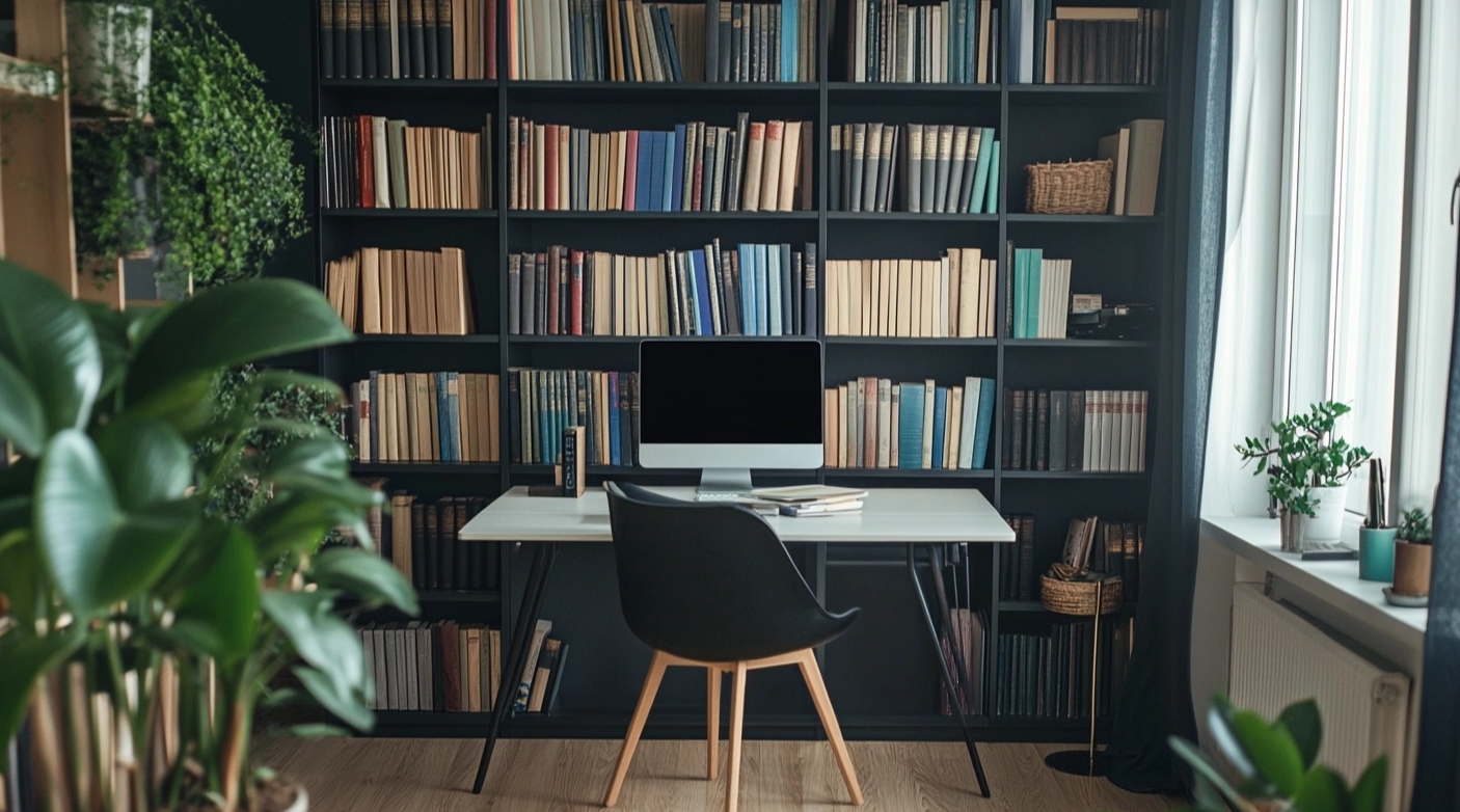 Modern home office with black cabinet filled with books and plants.
