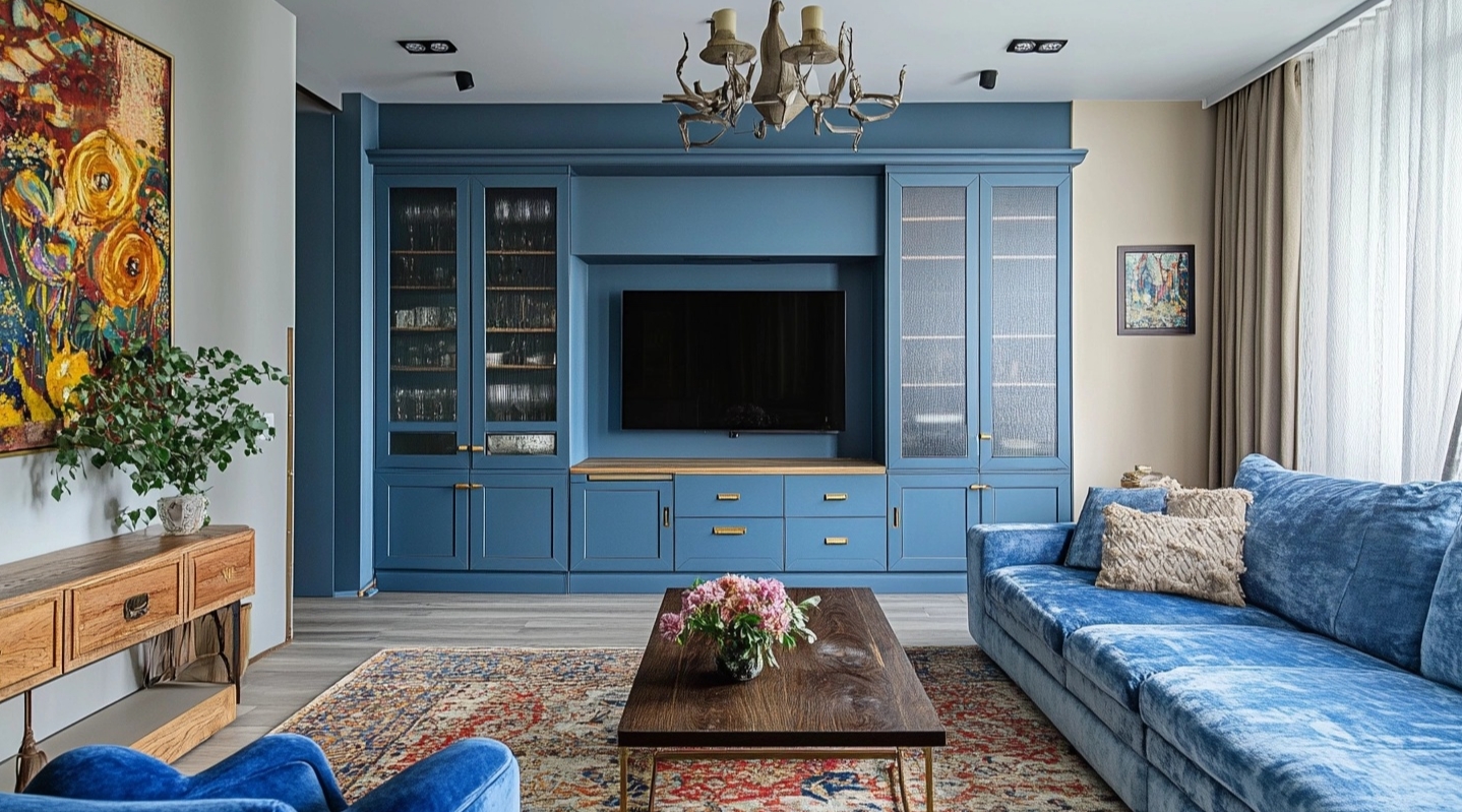 Living room with Schrock cabinets in blue built-in entertainment unit