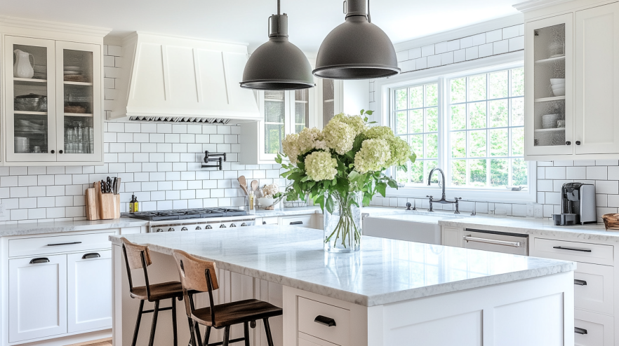 Bright farmhouse kitchen white cabinets with marble island, black hardware, pendant lights, hydrangea centerpiece