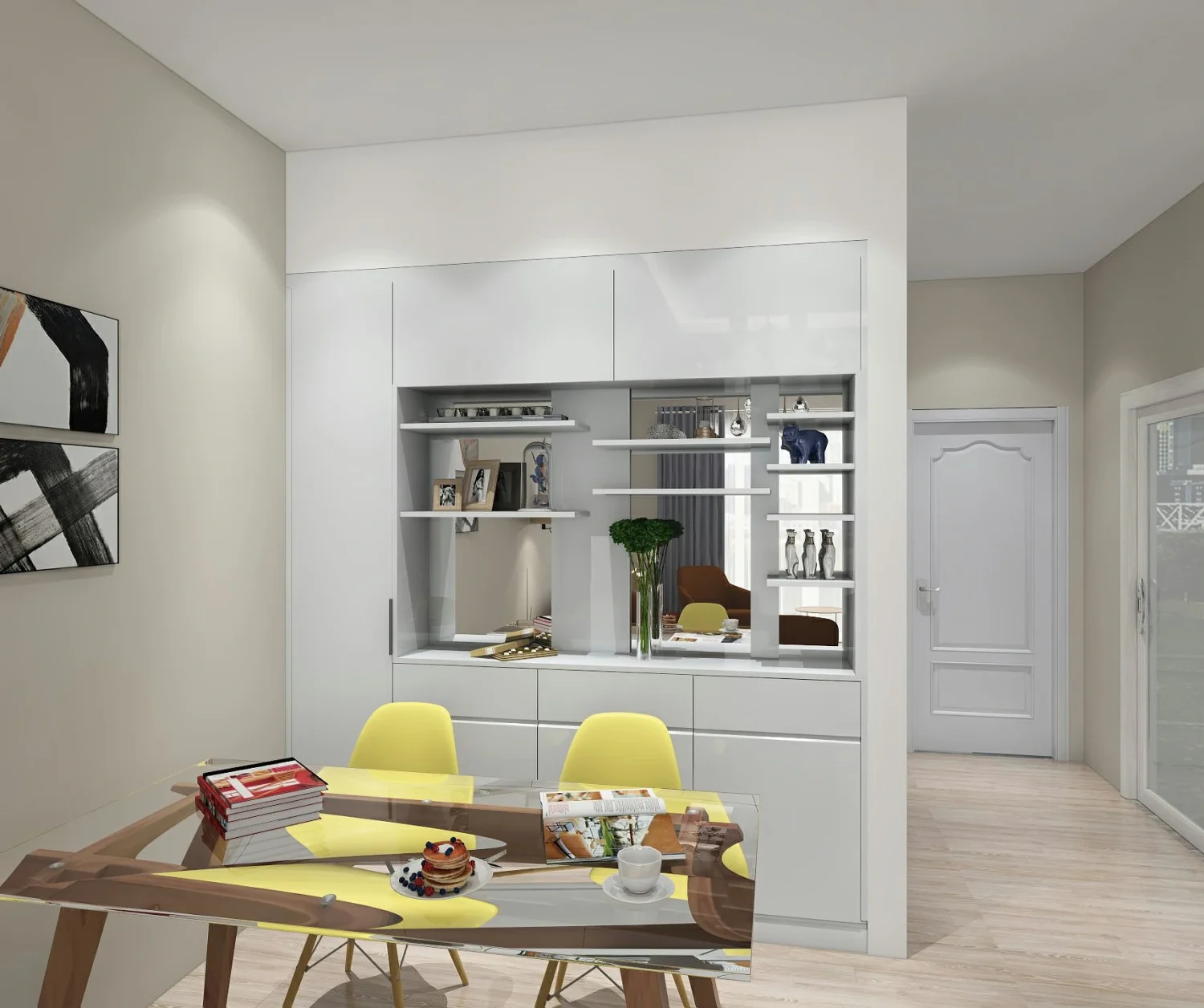 A modern built-in dining room cabinet with glass-front shelving and LED lighting for stylish display.