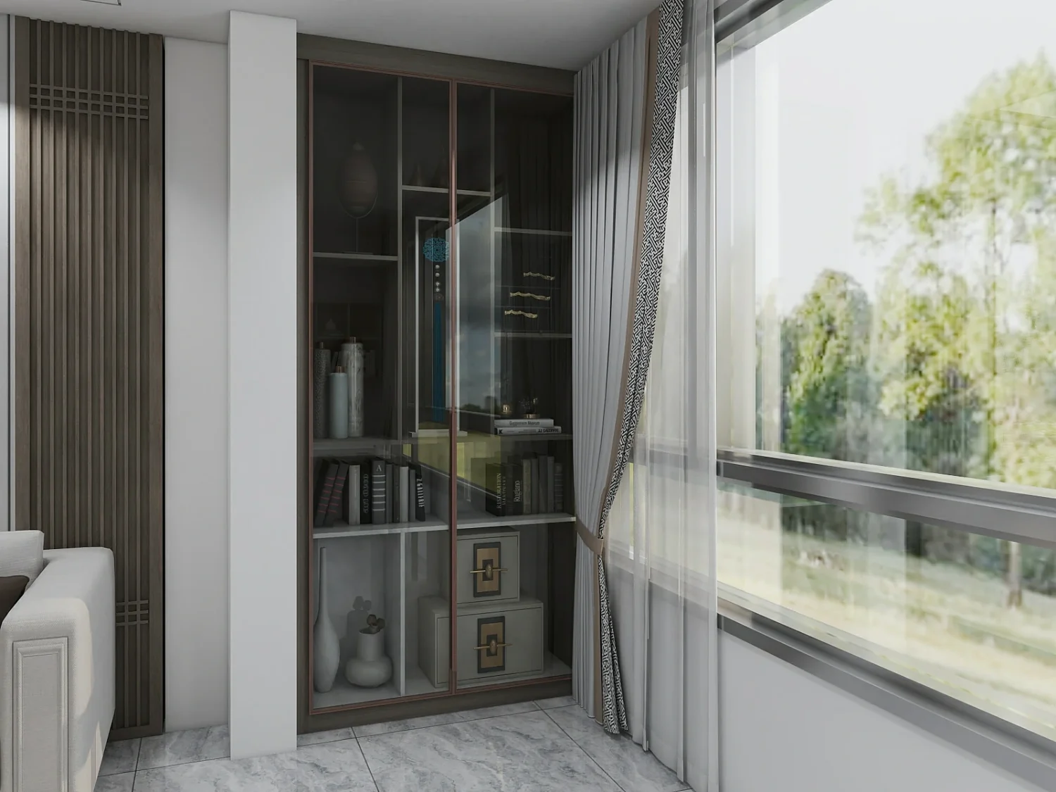 Built-in living room cabinet with glass shelves and sleek wood design, offering storage and display space.