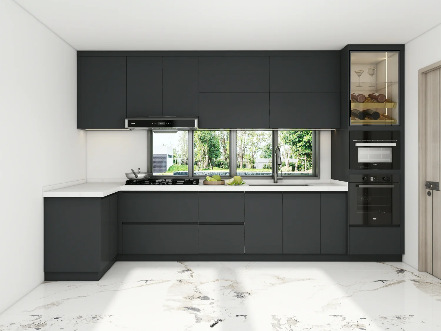 sleek charcoal gray kitchen cabinet colors in Saudi Arabia with modern appliances and marble flooring