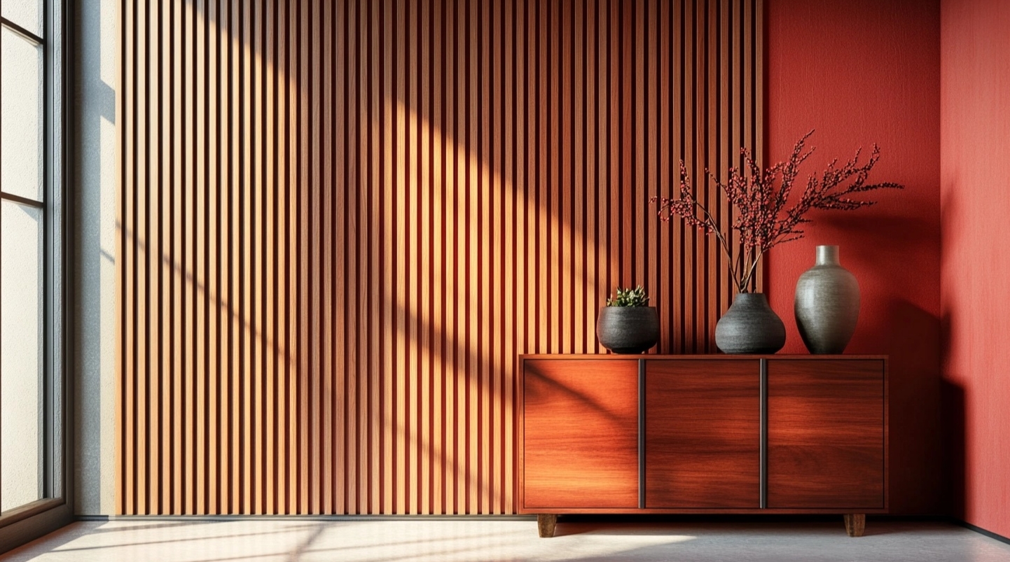 Cherry wood cabinet by red wooden slat wall, showcasing high-end cabinetry