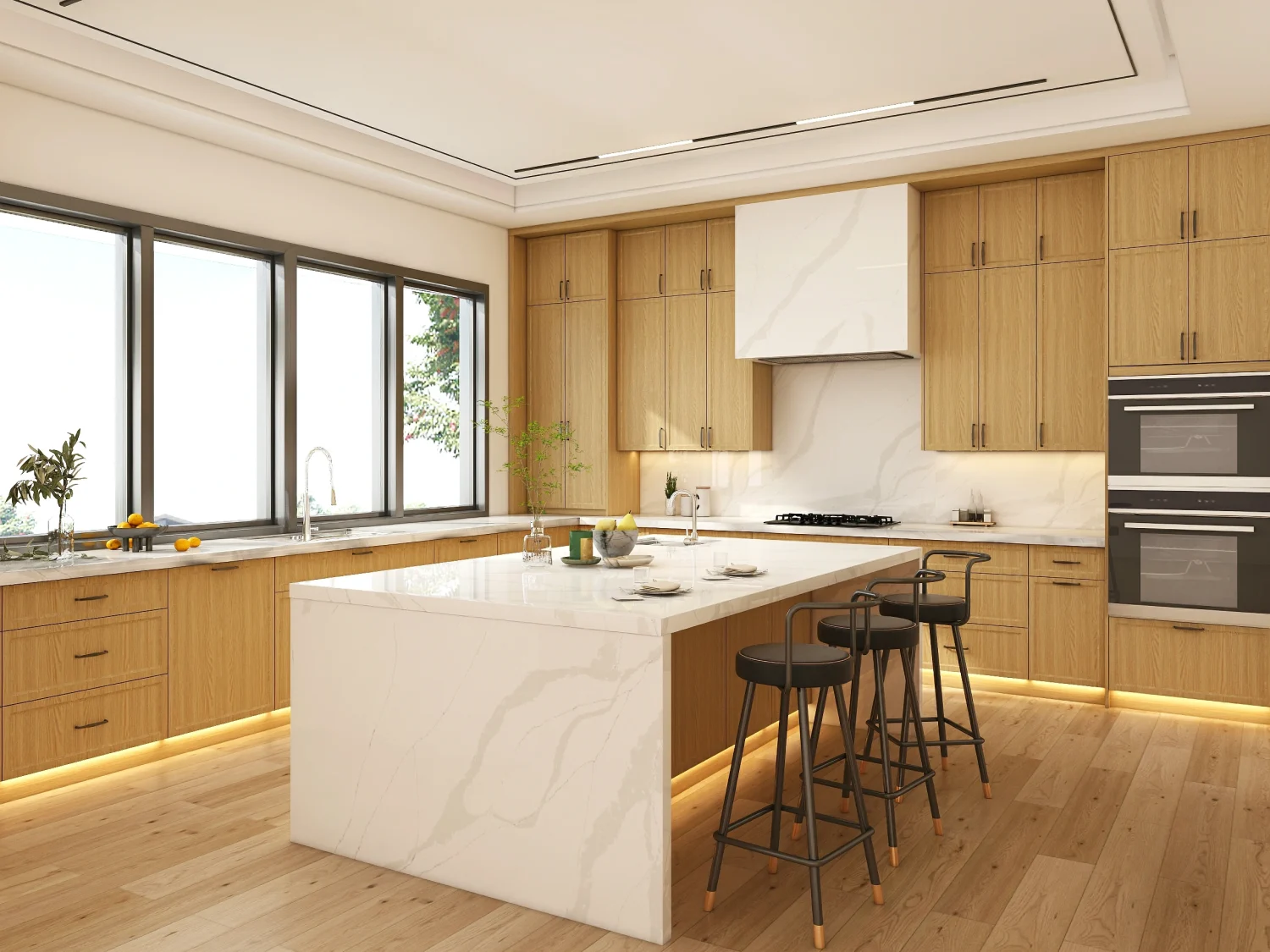 Bright and airy kitchen in Saudi Arabia with wood kitchen cabinets, marble countertops, and modern appliances.