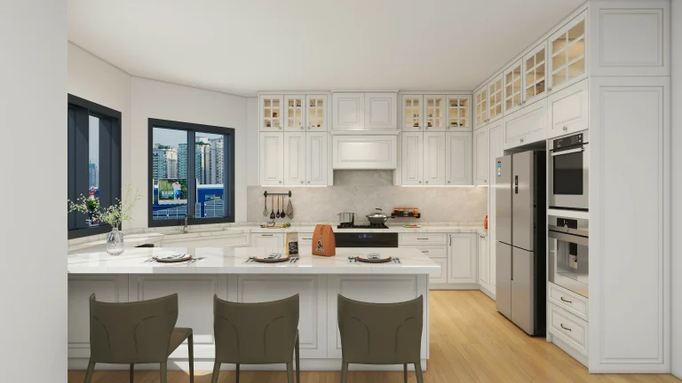 modern classic white kitchen cabinet colors in Saudi Arabia with marble countertops and stainless steel appliances