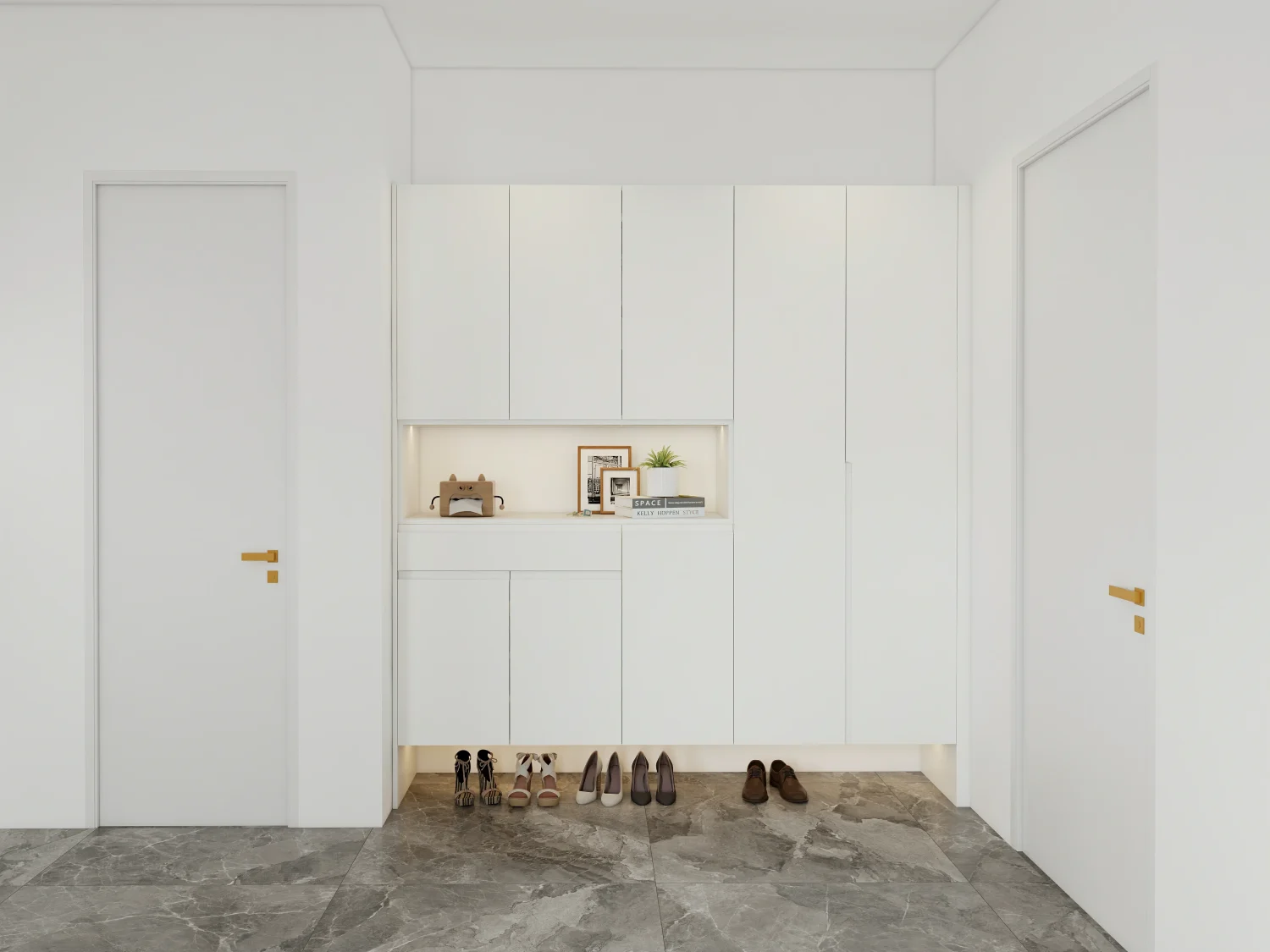 White entryway shoe cabinet storage with concealed compartments, illuminated shelf, and shoes lined underneath.