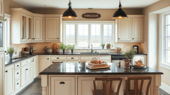 Farmhouse kitchen with creamy beige cabinets, black countertops, and brass hardware, creating a cozy, welcoming space.