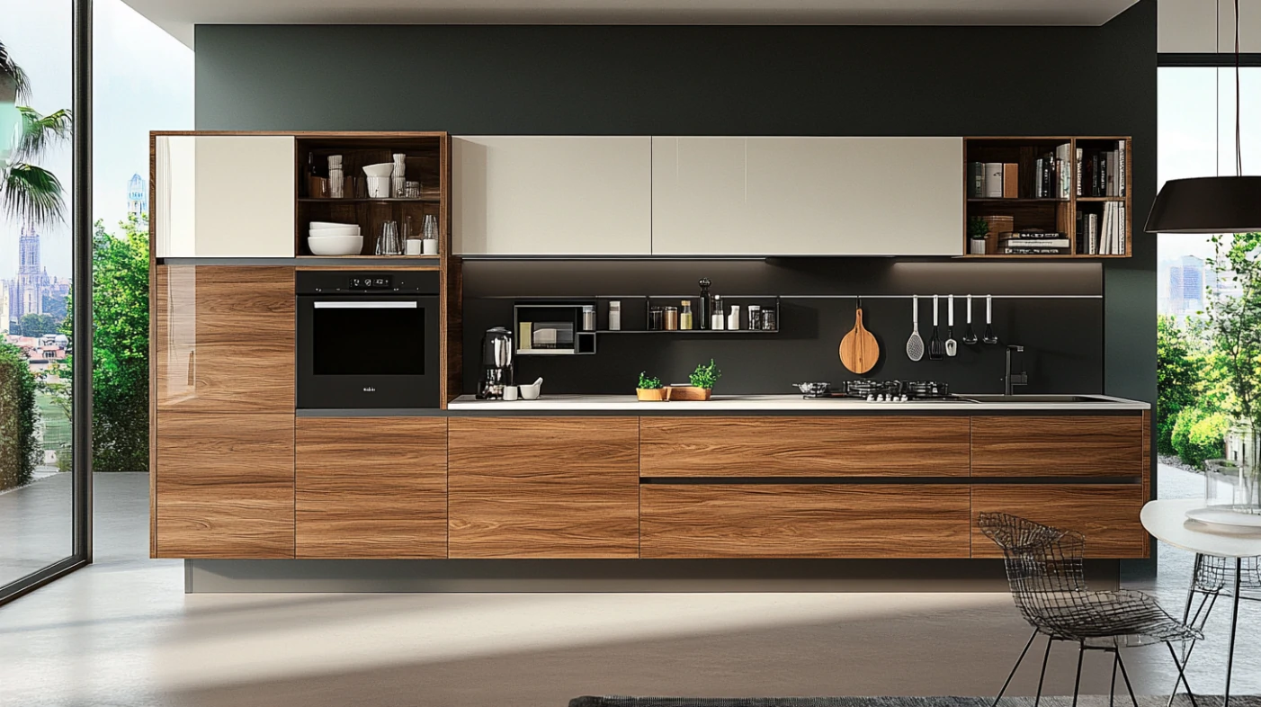 Floating modern kitchen cabinet design in UAE with wood and white cabinets mounted above open floor