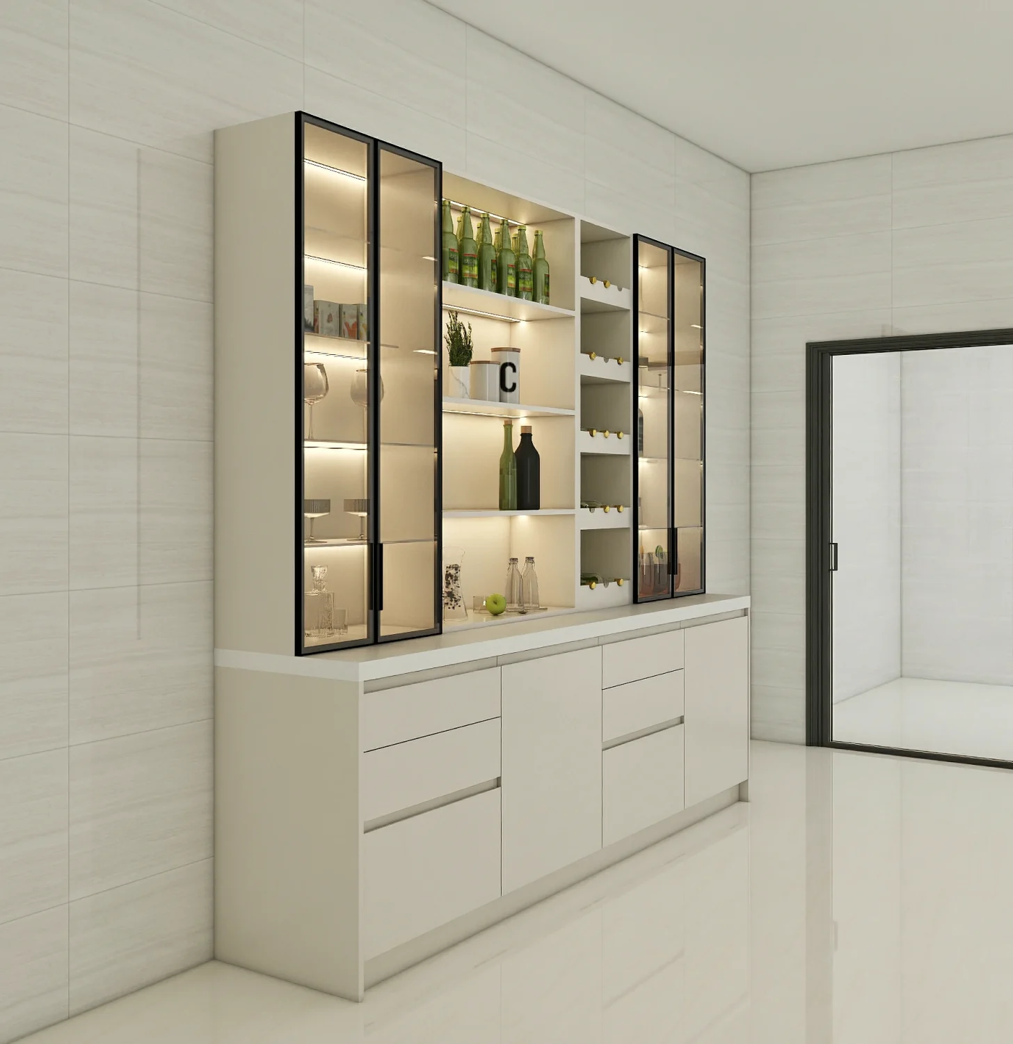 A freestanding dining room cabinet with open shelves and sleek modern design for flexible storage.
