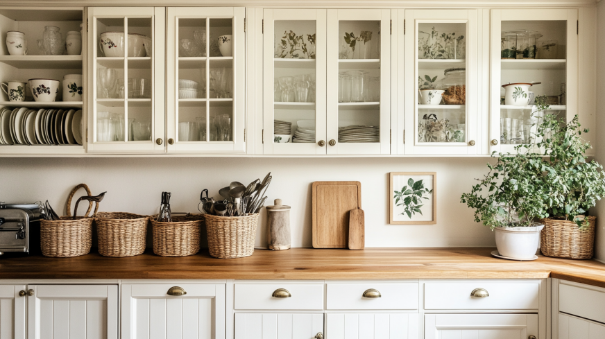 Farmhouse kitchen with glass-front cabinet doors showcasing neatly organized dishware and rustic kitchen accessories.