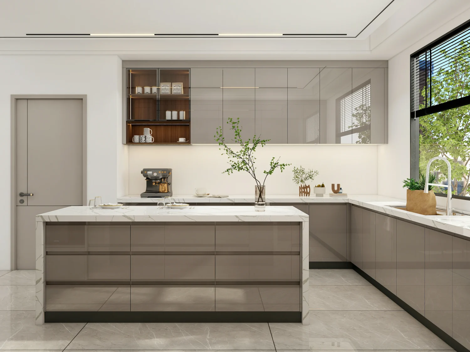 High-gloss kitchen cabinet design in UAE luxury kitchen featuring reflective lacquered cabinets and marble island