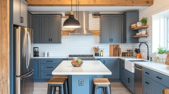 Farmhouse kitchen with gray-blue cabinets, white subway tile backsplash, and wooden shelves for a modern touch.