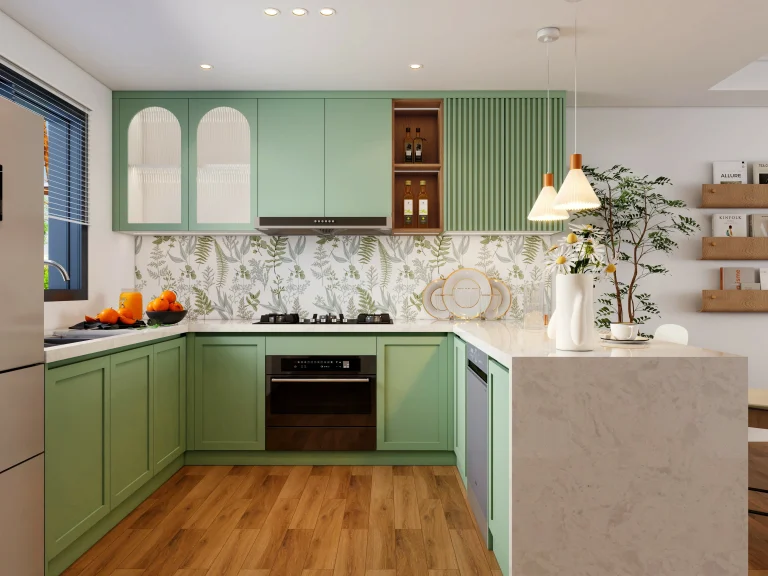 Modern kitchen with green MDF cabinets, open shelving, and contemporary appliances featuring a clean and sleek design
