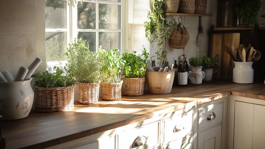 Farmhouse kitchen with herbs and plants on the countertop, adding a natural touch to white shaker cabinets.