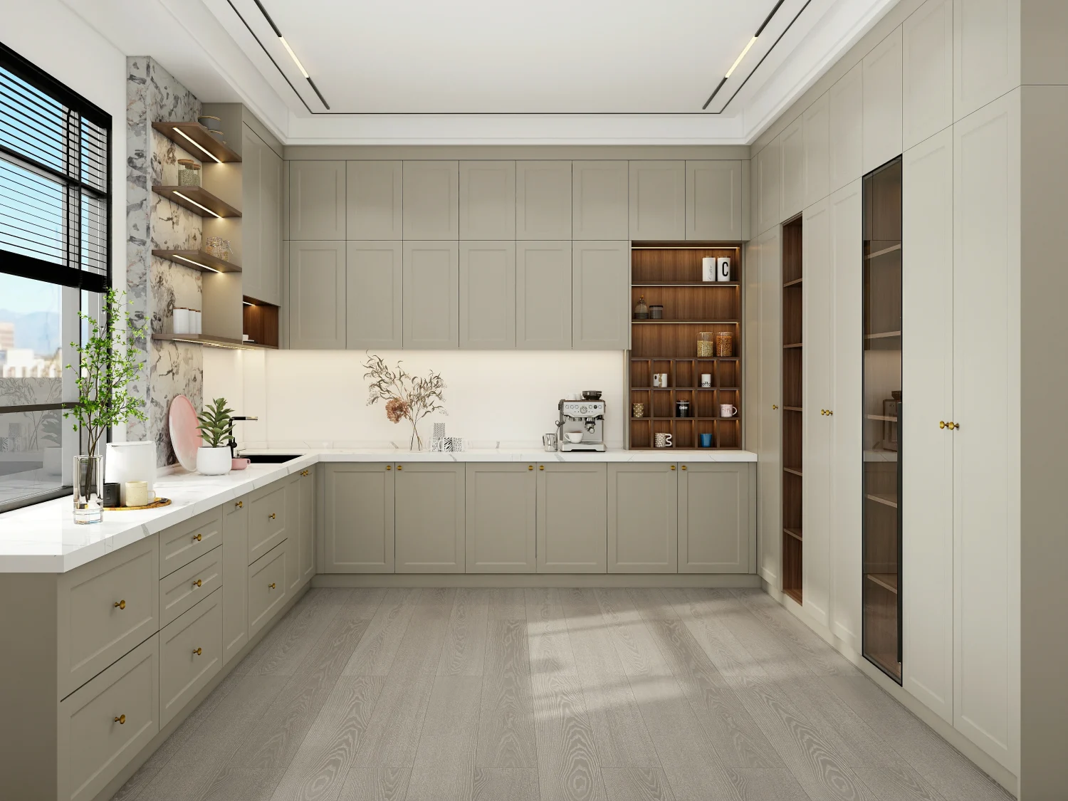 spacious greige kitchen cabinet colors in Saudi Arabia with marble countertops and built-in shelving