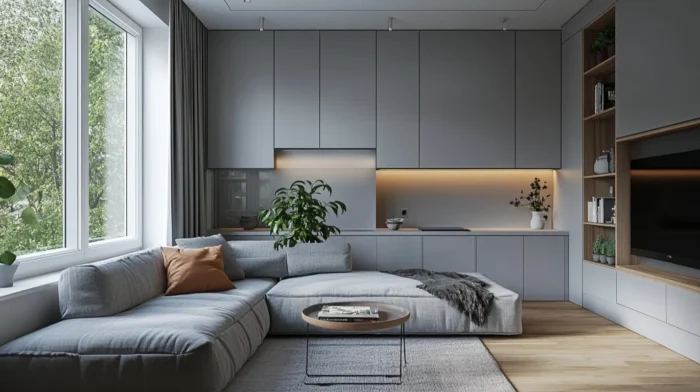 Modern living room with grey cabinets and large fixed window.