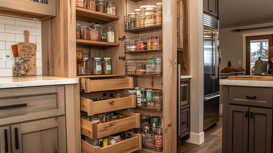 Farmhouse kitchen with hidden drawers and pull-out baskets for organized spice and pantry storage.