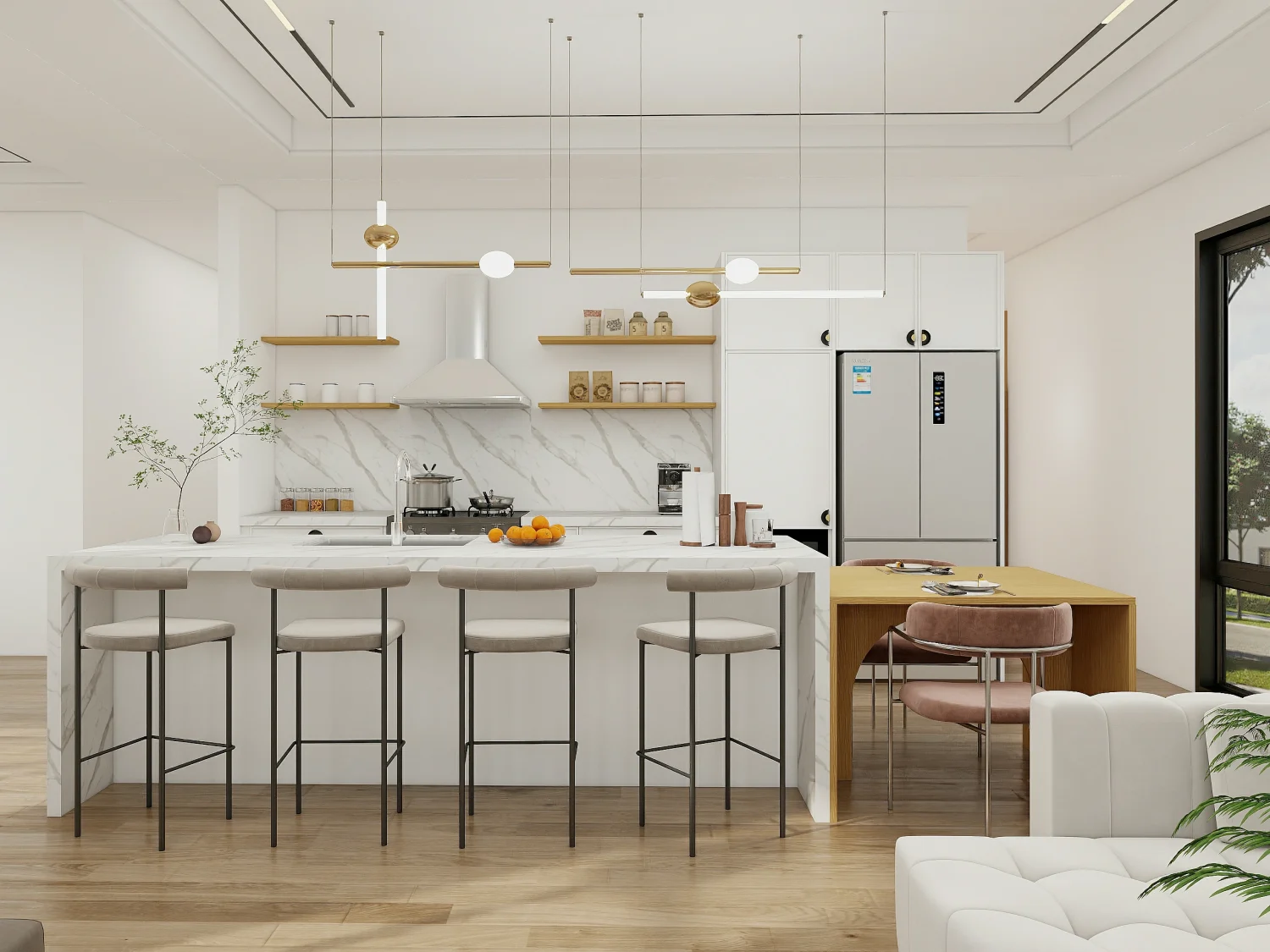 White marble island kitchen cabinet design for small kitchen in UAE with open shelving and stools